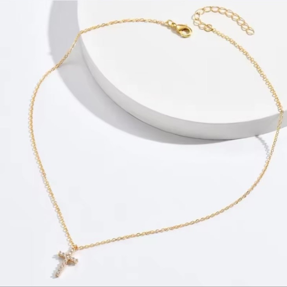 Gold Cubic Zirconia Cross Pendant Necklace for Women - Christian Faith - Picture 5 of 9
